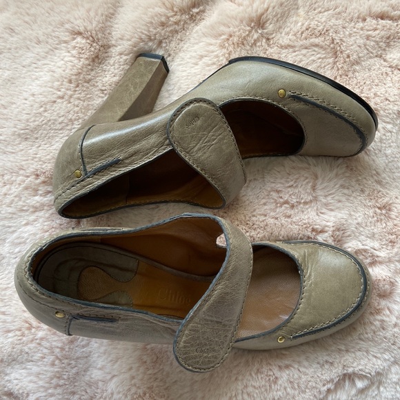 Chloe Mary Jane Leather Block Heels Pumps Shoes Taupe EU 40 US 10 - Picture 14 of 17